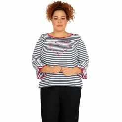 Promo 😉 Alfred-Dunner Tops Plus Size Alfred Dunner Checking In Heart Embroidered Stripe Top ✔️