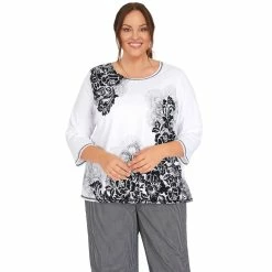 Deals 🎁 Alfred-Dunner Tops Plus Size Alfred Dunner Checking In Asymmetric Scroll Floral Top 🔔
