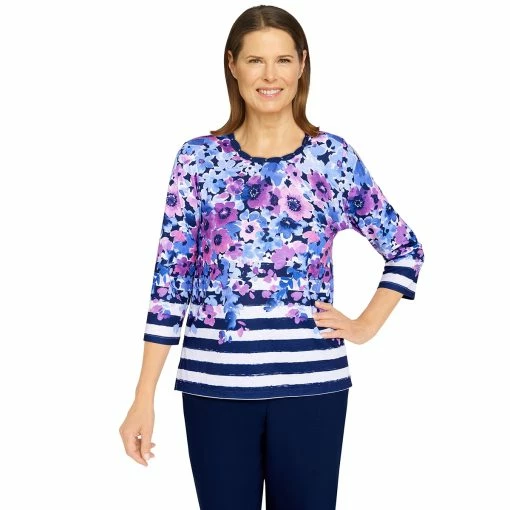 Discount 👍 Alfred-Dunner Tops 👩 Women Alfred Dunner Picture Perfect Knit Floral Stripe Knit Top 😀 -Alfred Dunner Store Online Shop unnamed file 1015