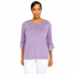 Best Sale 🌟 Alfred-Dunner Tops Plus Size Alfred Dunner Picture Perfect Solid Lace Trim Knit Top 😀