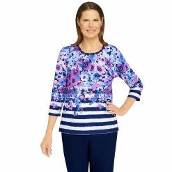 Hot Sale ❤️ Alfred-Dunner Tops Petite Alfred Dunner Floral Embroidered Neckline Top ⌛