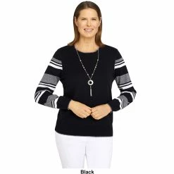 Outlet 🎉 Alfred-Dunner Sweaters & Cardigans 👩 Womens Alfred Dunner Classics Striped Sleeve Novelty Sweater 👏 -Alfred Dunner Store Online Shop unnamed file 408