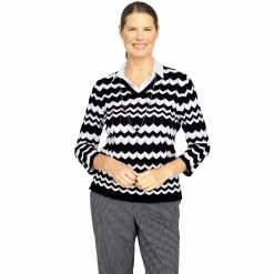 Outlet 🎁 Alfred-Dunner Sweaters & Cardigans 👩 Womens Alfred Dunner Checking In Zigzag With Trim Woven Sweater 💯
