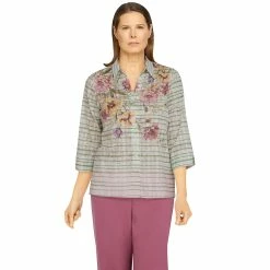 Brand new 😍 Alfred-Dunner Tops 👩 Womens Alfred Dunner Palm Desert Burnout Stripe Floral Yoke Top 🤩