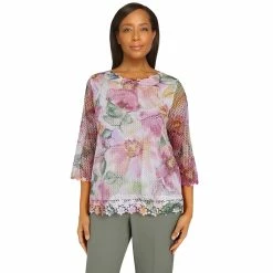 Deals 🎁 Alfred-Dunner Tops 👩 Womens Alfred Dunner Palm Desert Floral Lace Texture Knit Top ✨