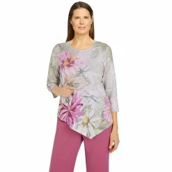 Coupon 💯 Alfred-Dunner Tops 👩 Womens Alfred Dunner Palm Desert Asymmetrical Floral Knit Top ❤️