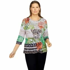 Best Sale ⭐ Alfred-Dunner Tops 👩 Womens Alfred Dunner Second Nature Cheetah Stripe Tropical Top 👍