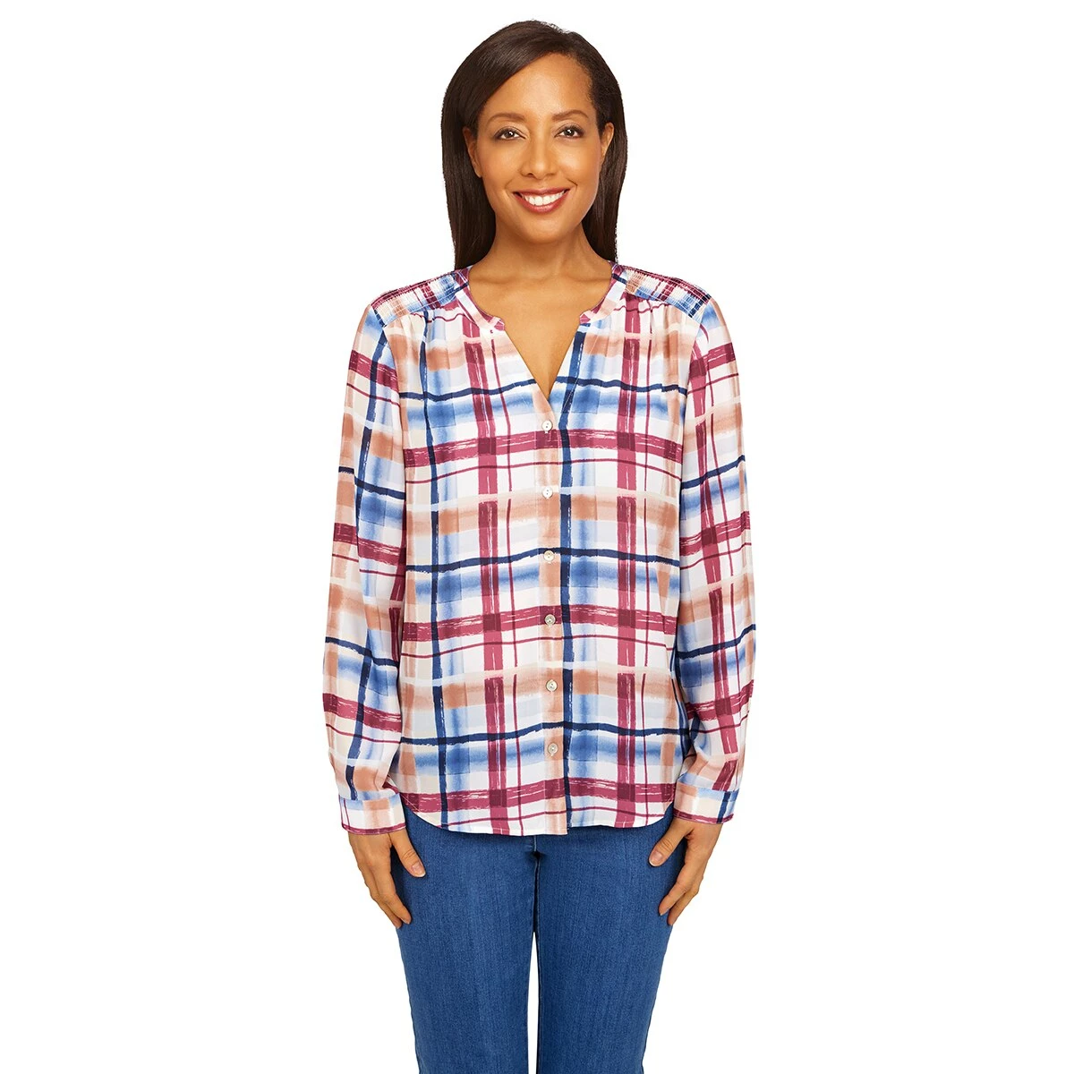 Flash Sale ✔️ Alfred-Dunner Tops 👩 Womens Alfred Dunner Sloane Street Etched Plaid Smocked Blouse ⌛ 1 Flash Sale ✔️ Alfred-Dunner Tops 👩 Womens Alfred Dunner Sloane Street Etched Plaid Smocked Blouse ⌛