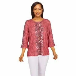 New 🎉 Alfred-Dunner Tops 👩 Womens Alfred Dunner Sorrento Floral Texture Lace Trim Blouse ⌛