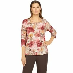 Coupon ❤️ Alfred-Dunner Tops 👩 Womens Alfred Dunner Sorrento Tapestry Floral Lace Neck Top 🔔