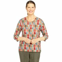 Coupon 👍 Alfred-Dunner Tops Petite Alfred Dunner Copper Canyon Geometric Boxes Knit Blouse 🧨