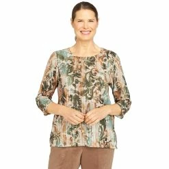 Best Sale 🌟 Alfred-Dunner Tops 👩 Womens Alfred Dunner Copper Canyon 3/4 Sleeve Abstract Scroll Top 😍
