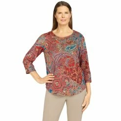Cheapest 🎁 Alfred-Dunner Tops 👩 Womens Alfred Dunner Copper Canyon Paisley Necklace Tunic Top 💯