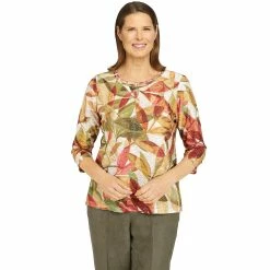 Budget 🎁 Alfred-Dunner Tops 👩 Womens Alfred Dunner Copper Canyon 3/4 Sleeve Textured Leaves Top ❤️