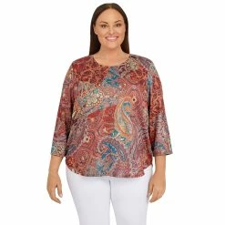 Budget 👏 Alfred-Dunner Tops Plus Size Alfred Dunner Copper Canyon Paisley Necklace Tunic Top 🥰