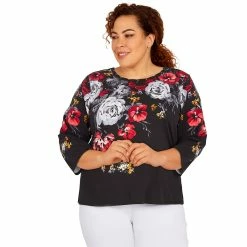 Discount ⭐ Alfred-Dunner Tops Plus Size Alfred Dunner Empire State Drama Floral Yoke Neck Top 🔔