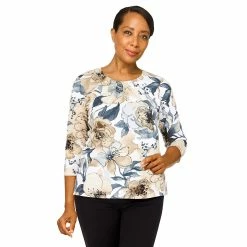 New 👍 Alfred-Dunner Tops 👩 Womens Alfred Dunner Key Items 3/4 Sleeve Stencil Floral Knit Top ❤️