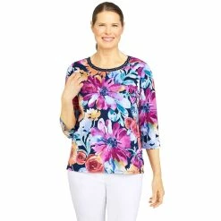 Deals 🤩 Alfred-Dunner Tops 👩 Womens Alfred Dunner Key Items 3/4 Sleeve Dramatic Floral Top ❤️