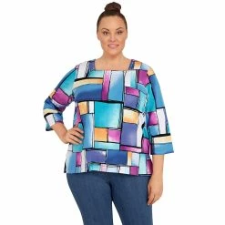 Discount 🛒 Alfred-Dunner Tops Plus Size Alfred Dunner Key Items 3/4 Sleeve Color Block Knit Top 🧨