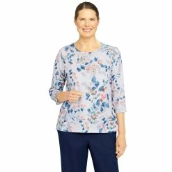 New 🎁 Alfred-Dunner Tops Petite Alfred Dunner Shenandoah Valley Melange Shadow Leaf Top 🔔