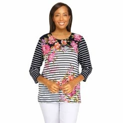 Brand new 🎉 Alfred-Dunner Tops 👩 Womens Alfred Dunner Theater District Contrast Stripe Floral Top 😉