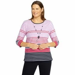 Cheap 😉 Alfred-Dunner Tops 👩 Womens Alfred Dunner Checking In Multi Stripe With Necklace Top 🧨