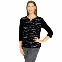 Deals 🌟 Alfred-Dunner Tops 👩 Womens Alfred Dunner Checking In Metallic Stripe Knit Top 👍