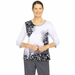 Cheap 😀 Alfred-Dunner Tops 👩 Womens Alfred Dunner Checking In Asymmetrical Scroll Floral Top 💯