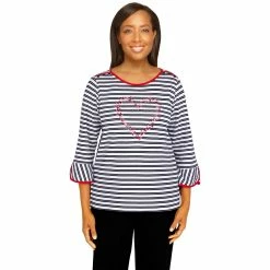 Hot Sale ❤️ Alfred-Dunner Tops Petite Alfred Dunner Checking In Heart Embroidered Stripe Top 😀